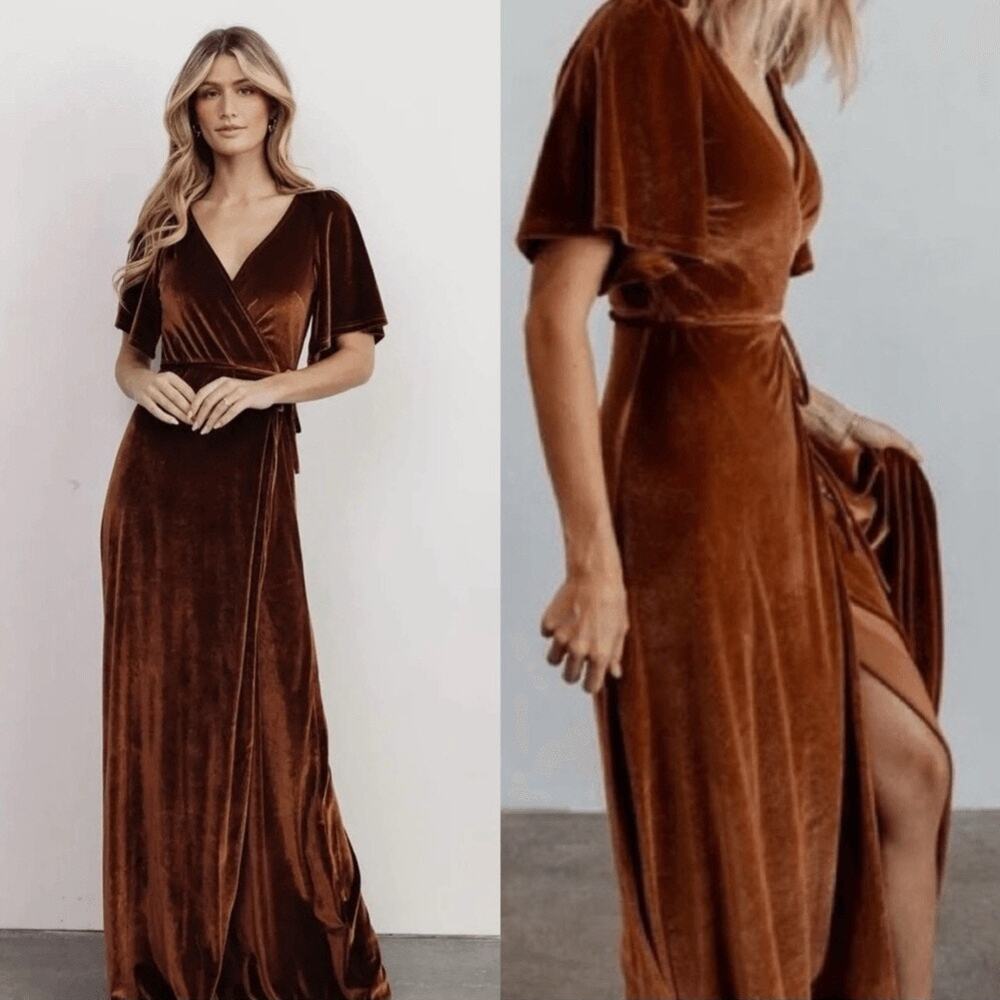 Baltic Born Meghan Wrap Dress Womens Medium Brown Velvet Maxi Party Neutral
